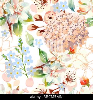 Motivo senza cuciture di fiori sakura rosa. disegno a mano. Non ai, illustrazione vettoriale Illustrazione Vettoriale