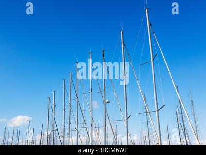 Un gran numero di alberi di yacht a vela senza vele uno accanto all'altro sullo sfondo del cielo durante il giorno. Foto Stock