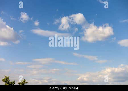 Soffici nuvole bianche attraversano un vasto cielo blu durante un tranquillo pomeriggio. La luce del sole illumina la scena, esaltando l'atmosfera tranquilla Foto Stock