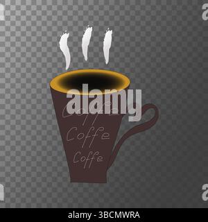 Illustrazione della tazza di caffè. Testo caffè. Tazza marrone per la cottura a vapore. Simbolo della bevanda vettoriale. Illustrazione Vettoriale