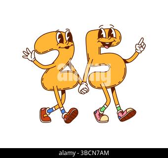 Numeri matematici scanalati caratteri di 2 e 5 con facce felici, vettore di cartoni animati. Groovy numeri due e cinque che camminano insieme per mano come amici con un sorriso divertente per i bambini personaggi dei cartoni animati di matematica Illustrazione Vettoriale