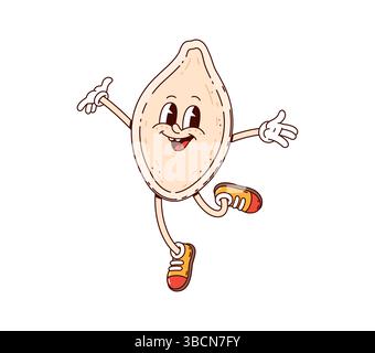 Personaggio cartoni animati con semi di zucca goffamente che salta con un gesto allegro e giocoso delle mani verso l'alto, che trasuda felicità e sana atmosfera y2k. La personalità del cibo rétro vettoriale isolato favorisce l'alimentazione naturale Illustrazione Vettoriale