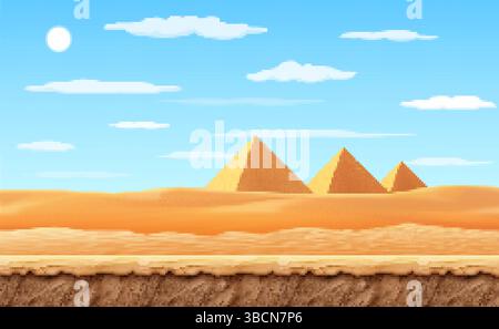 Pixel art a 8 bit, paesaggio piramidale egiziano con dune di sabbia, sfondo vettoriale del gioco. Paesaggio del deserto egiziano in pixel art a 8 bit con piramidi del faraone nelle dune di sabbia del Sahara per il gioco arcade dell'Antico Egitto Illustrazione Vettoriale