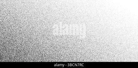 Granulosità con sfumatura dei punti di grunge astratta e texture vettoriale. Rumore di fondo granuloso di sabbia nera ed effetto sbiadimento dei mezzitoni granulosi con particelle di polvere su gradiente tratteggiato monocromatico Illustrazione Vettoriale