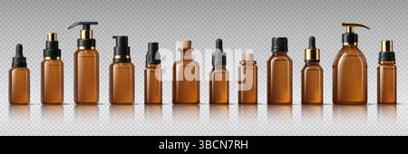 Flaconi in vetro ambrato realistico, contenitori per mockup di flaconi cosmetici vuoti, set vettoriale. Flaconi e fiale in vetro ambrato con coperchio a pompetta o tappi contagocce di crema cosmetica, siero o lozione Illustrazione Vettoriale