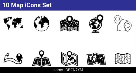 Set di 10 icone della mappa - simboli di navigazione globale e posizione Illustrazione Vettoriale