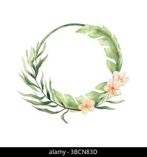 Corona tropicale con foglie di palma e fiori di plumeria, acquerello. Illustrazione vettoriale disegnata a mano. Per banner, biglietti, inviti, poster, etichette. Illustrazione Vettoriale