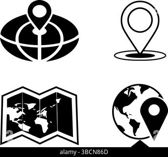 Set di 4 icone posizione/mappa: Pin, globo, simbolo mappa Illustrazione Vettoriale