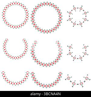 Motivi astratti a forma di cerchio di fiori con disegni decorativi di rosso chiaro e verde Illustrazione Vettoriale