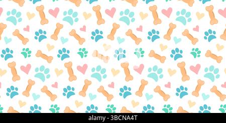 Motivo senza cuciture con zampe, ossa e cuori vivaci e giocosi. Ideale per progetti, branding o progetti creativi correlati agli animali domestici. Illustrazione Vettoriale