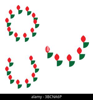 Disegni floreali a cerchio in rosso verde: Moderne cornici tonde ispirate al tulipano vettoriale per distintivi decorativi, loghi o disegni artistici digitali primaverili Illustrazione Vettoriale