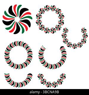 Motivi decorativi a cerchio in rosso verde nero: Cornici rotonde a spirale per elementi astratti, bordi o arte digitale Illustrazione Vettoriale