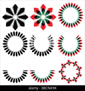 Forme geometriche circolari in bianco e nero con design moderno a stella, ventaglio e intaglio per layout eleganti Illustrazione Vettoriale