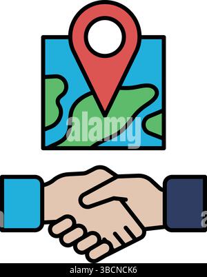 Una stretta di mano tra due persone con una mappa sullo sfondo. La mappa è rossa e verde e presenta una spilla rossa. Concetto di collaborazione e di partnershi Illustrazione Vettoriale
