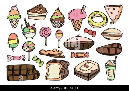 Deliziosa gamma di dessert e dolci in stile cartoni animati con gelati, torte, caramelle e. Illustrazione Vettoriale