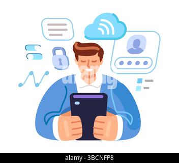 Accesso sicuro, password. Registrazione online. L'utente registra o accede a un account sull'app per smartphone. Protezione dei dati Illustrazione Vettoriale