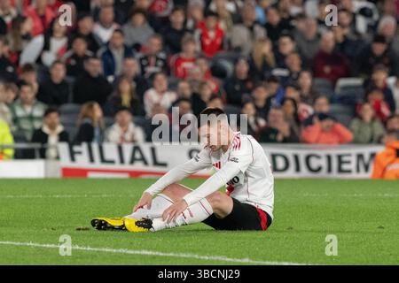 Buenos Aires, Argentina. 20 maggio 2025. Franco Mastantuono del River reagisce durante la partita di quarti di finale del Torneo apertura Betano 2025 tra River Plate e Platense all'Estadio Mas Monumental Antonio Vespucio Liberti. Punteggio finale: River Plate 1:1 ai calci di rigore Platense 2-4. Credito: SOPA Images Limited/Alamy Live News Foto Stock