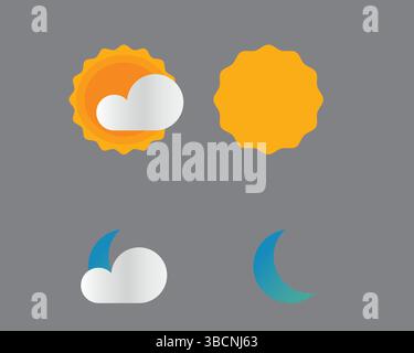 Nuvole e sole tramonta icona meteo isolata su uno sfondo bianco. Logo Sole e nuvole modello di silhouette icone Meteo Set Sole, Nuvola, Luna Illustrazione Vettoriale
