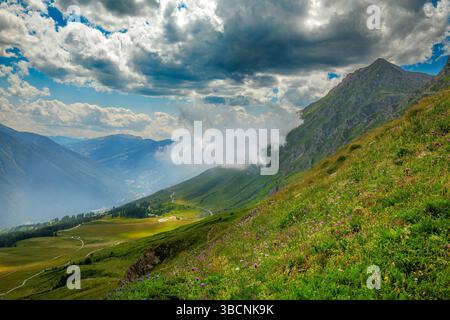 Rigogliosi pendii verdi ricoperti di vegetazione alpina sotto il cielo nuvoloso vicino al Colle delle finestre in Piemonte. Foto Stock