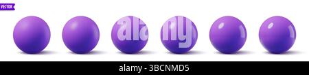 Sfere viola lucide. Collezione di bolle 3D palline realistiche con ombre. Globo in plastica lucida vettoriale Illustrazione Vettoriale