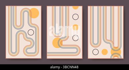 Set di stampe artistiche a parete con archi arcobaleno - linee e cerchi curvati retrò nei caldi colori degli anni '70. Composizione a righe dalle forme originali e minimaliste. Decorazioni per la casa dal design accattivante e poster dal design astratto. Illustrazione Vettoriale
