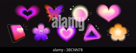 Collezione Y2K Gradient Shapes - cuori e fiori al neon colorati, farfalle e forme geometriche che si illuminano di nero. Rosa, viola e arancione brillanti. Adesivi cyber-estetici retro anni '90. Illustrazione Vettoriale