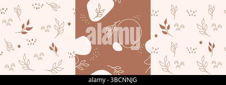 Un set di quattro modelli minimalistici per bambini. Le immagini ripetute contengono elementi colorati, ramoscelli, gocce di pioggia, arcobaleni e linee di forme diverse. Illustrazione Vettoriale