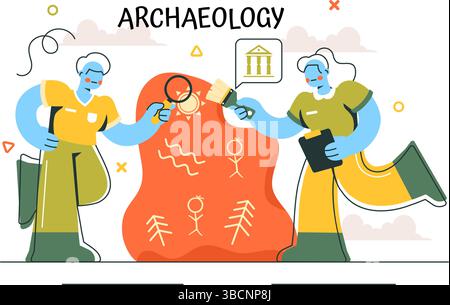 Illustrazione vettoriale di Archeologia che presenta uno scavo archeologico di antiche rovine, manufatti storici e fossili di dinosauri in uno sfondo Illustrazione Vettoriale