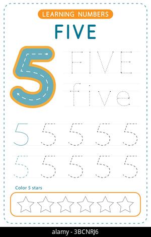 Il numero cinque. Fogli di lavoro prescolare. Pratica di scrittura per bambini. Progettazione vettoriale. Illustrazione Vettoriale