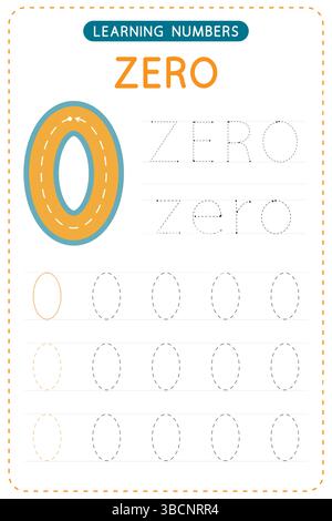 Traccia numero zero. Fogli di lavoro prescolare. Pratica di scrittura per bambini. Progettazione vettoriale. Illustrazione Vettoriale