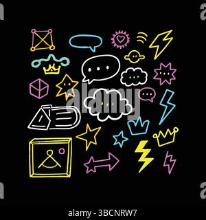 Icone, simboli ed elementi della collezione di scarabocchi disegnati a mano Illustrazione Vettoriale