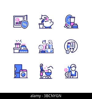 Gestione finanziaria e del budget - set di icone di stile per il design della linea Illustrazione Vettoriale