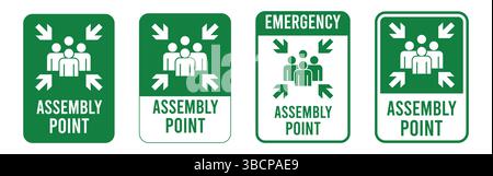 Cartello del punto di raccolta per l'evacuazione di emergenza. Simbolo del punto di montaggio per l'evacuazione di emergenza isolato su sfondo bianco. Icona del punto di assemblaggio. Illustrazione Vettoriale