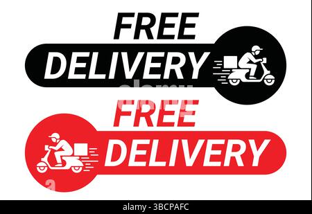 Set di icone per la consegna gratuita. Etichetta di spedizione gratuita, badge di consegna rapida, logo di consegna rapida, logistica, spedizione pacchi tramite corriere. Consegna veicolo gratuita. Illustrazione Vettoriale