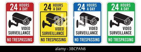 Telecamera di sicurezza o segnale cctv, logo, badge, icona, adesivo, etichetta, emblema, timbro, simbolo, nero, linea, vettore piatto, illustrazione isolata. Illustrazione Vettoriale