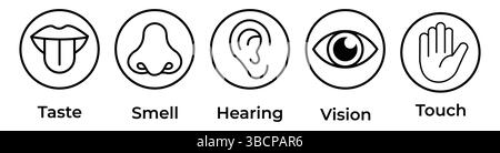 Set di icone dei sensi umani. Occhio visivo, naso olfatto, udito orecchio, toccare la mano, assaggiare la bocca con la lingua. Icone di linea semplici e cerchio nero. Illustrazione Vettoriale
