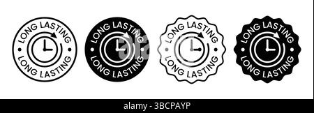 Set di icone di lunga durata, logo, etichetta, badge, adesivo, simbolo, emblema, timbro, nero, linea, vettore piatto, illustrazione isolata. Illustrazione Vettoriale