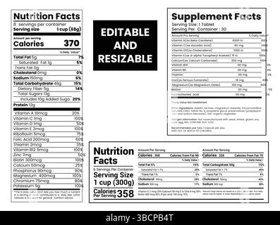 Dati nutrizionali modello di progettazione delle etichette per il contenuto alimentare. Vector Serving, grassi e dieta elenco calorie per fitness integratore alimentare sano. Illustrazione Vettoriale