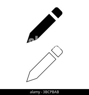 Set di icone a matita: Questo set di icone minimalista raffigura una matita semplice in entrambe le versioni in bianco e nero, pronta per essere applicata in vari progetti di design. Illustrazione Vettoriale
