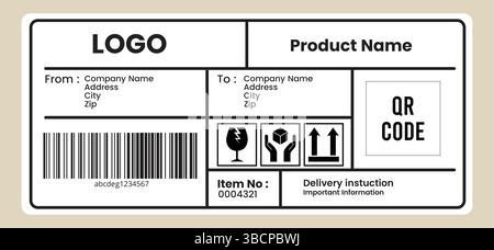 Vettore dell'adesivo di consegna del carico. Modello di etichetta di spedizione. Mockup codice a barre di consegna. Fragile, icona maniglia. Informazioni sul destinatario dell'azienda. Illustrazione Vettoriale