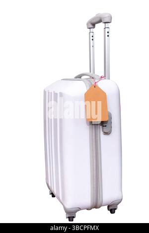 borsa per valigia bianca con etichetta per bagagli vuota con spazio di copia isolato su sfondo bianco con percorso di ritaglio Foto Stock