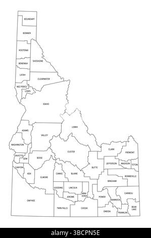 Stato dell'Idaho, suddiviso in 44 contee, delinea la mappa con i confini e i nomi delle contee. Stato nella regione Mountain West degli Stati Uniti. Foto Stock