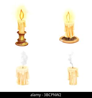 Candele di cera grattugiate, set. Illustrazione acquerello. Candele accese e spente con fumo chiaro, isolate su sfondo bianco. Il tema di Foto Stock