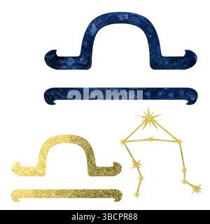 Simbolo zodiacale Libra blu e oro con lamina dorata, costellazione dorata isolata su sfondo bianco. Modello di illustrazione del set di acquerelli per Foto Stock