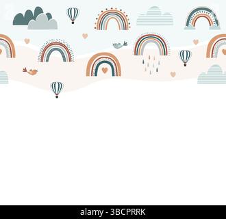 Il grazioso Boho Rainbow è circondato da cuori, nuvole, uccelli e mongolfiere. Colori pastello e sfondo in stile Scandianviano. Vettore Illustrazione Vettoriale