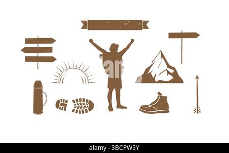 Set di illustrazioni per escursioni in montagna disegnate a mano. Collezione di icone Outdoor Adventure. Perfetto per logo, statistiche e infografiche. Illustrazione vettoriale Illustrazione Vettoriale