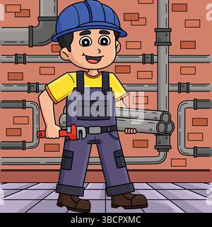 Cartoon idraulico per operai edili Illustrazione Vettoriale