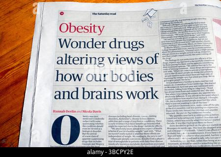 "OBESITY Wonder Drugs Altering Views of how Our Bodies and Brains Working", titolo del quotidiano Guardian 17 maggio 2025 Londra Regno Unito Foto Stock