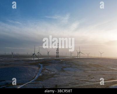 Whitelee Wind Farm in Scozia, il più grande parco eolico onshore del Regno Unito, che produce energia rinnovabile in un ambiente invernale nebbioso Foto Stock