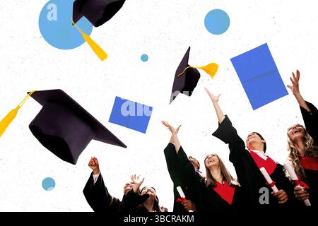 Poster modello grafica di tendenza collage 3D di colleghi eccitati pull Hat up fly diploma accademico istruzione laureato in conoscenze intelligenti Foto Stock